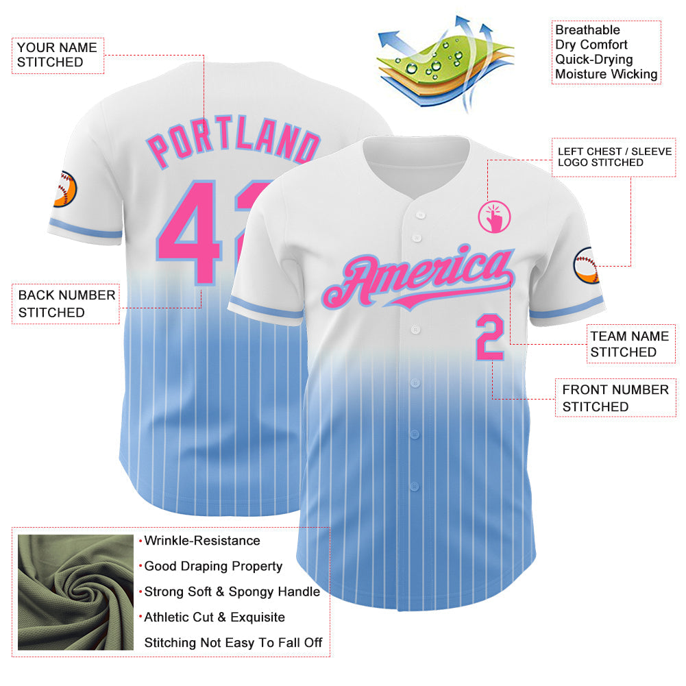 Custom White Pinstripe Pink-Light Blue Authentic Fade Fashion Baseball Jersey view 4