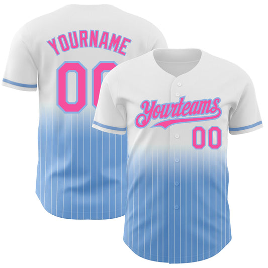 Custom White Pinstripe Pink-Light Blue Authentic Fade Fashion Baseball Jersey - Main View