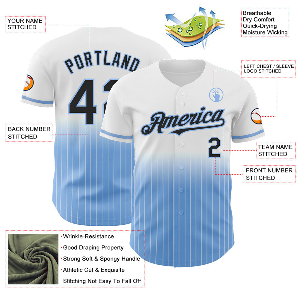 Custom White Pinstripe Black-Light Blue Authentic Fade Fashion Baseball Jersey view 4