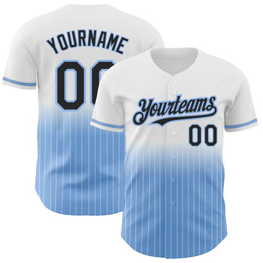 Custom White Pinstripe Black-Light Blue Authentic Fade Fashion Baseball Jersey - Main View