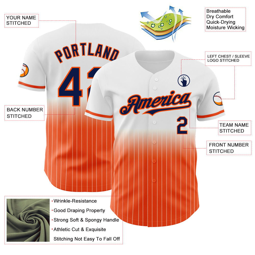 Custom White Pinstripe Navy-Orange Authentic Fade Fashion Baseball Jersey view 4