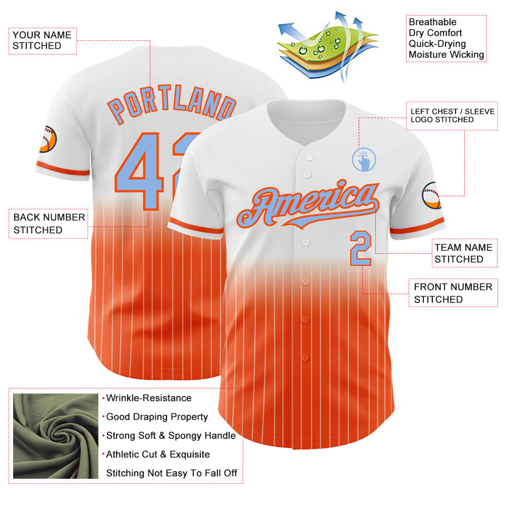 Custom White Pinstripe Light Blue-Orange Authentic Fade Fashion Baseball Jersey view 4