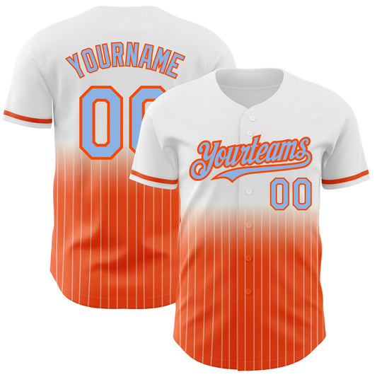 Custom White Pinstripe Light Blue-Orange Authentic Fade Fashion Baseball Jersey - Main View