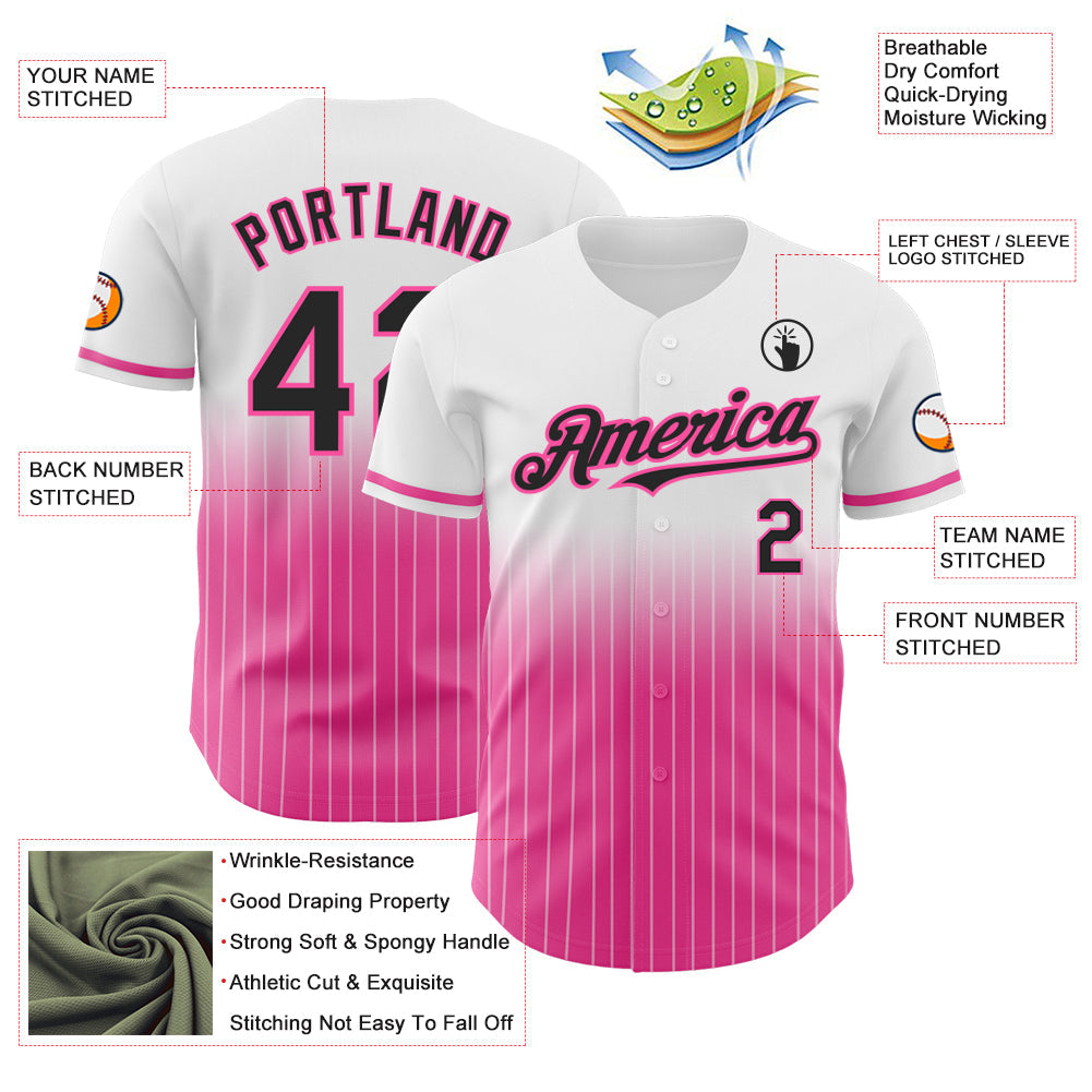 Custom White Pinstripe Black-Pink Authentic Fade Fashion Baseball Jersey view 4