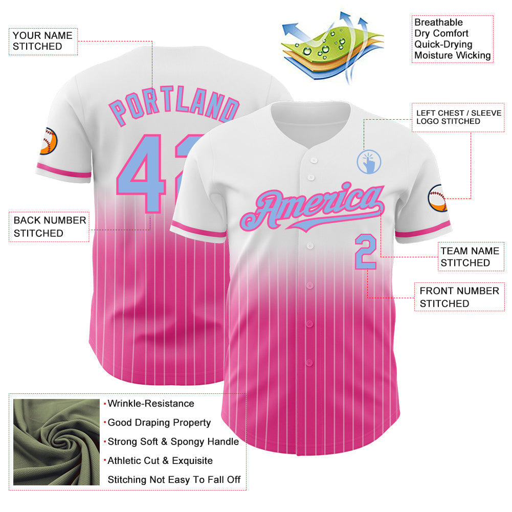 Custom White Pinstripe Light Blue-Pink Authentic Fade Fashion Baseball Jersey view 4