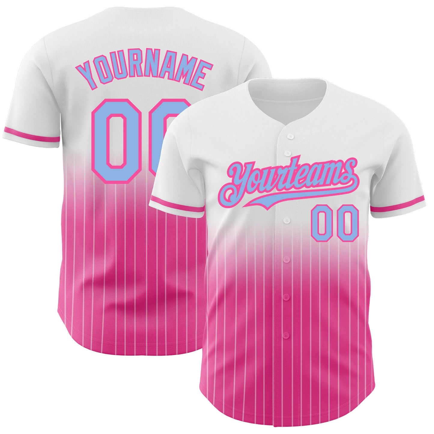 Custom White Pinstripe Light Blue-Pink Authentic Fade Fashion Baseball Jersey - Main View