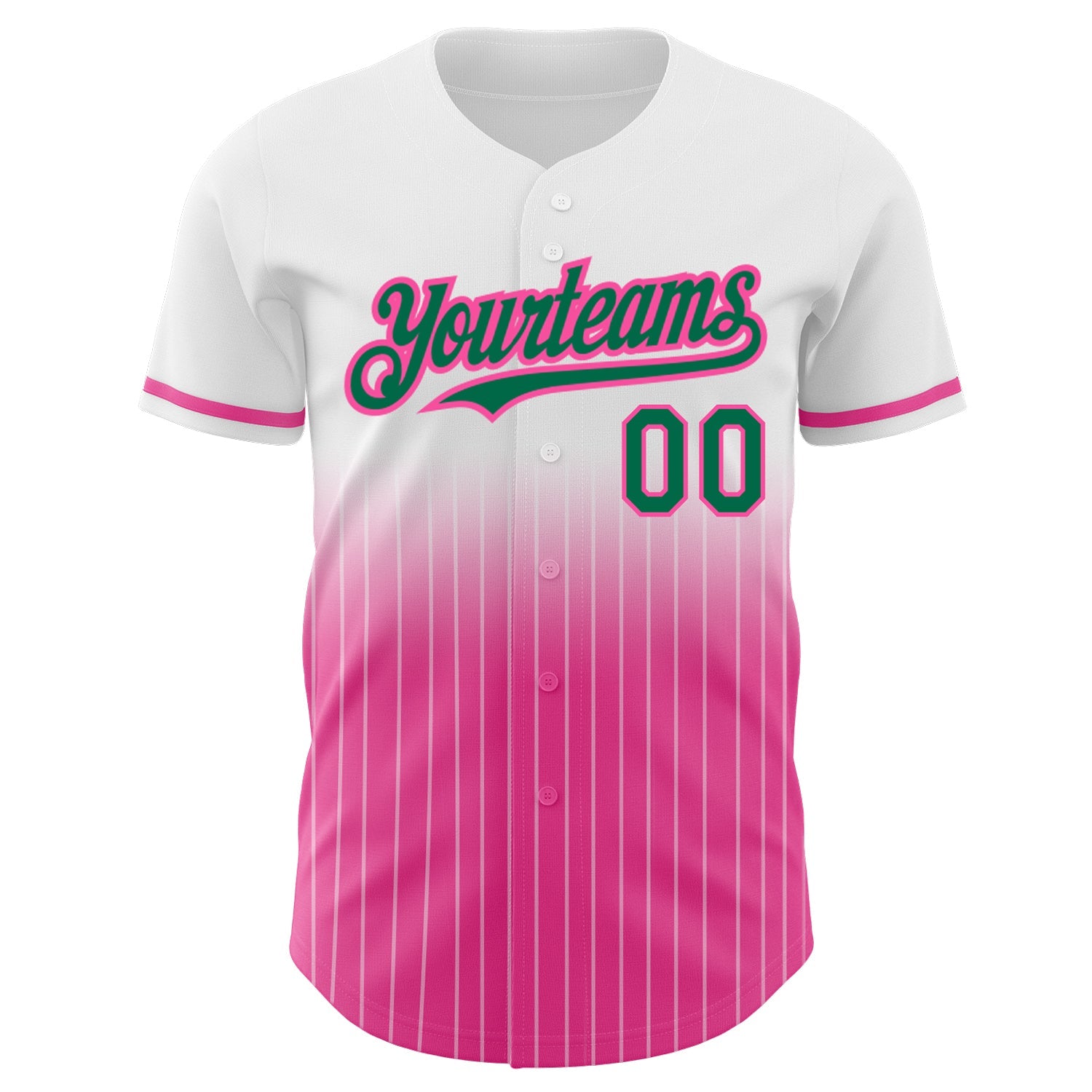 Custom White Pinstripe Kelly Green-Pink Authentic Fade Fashion Baseball Jersey view 3