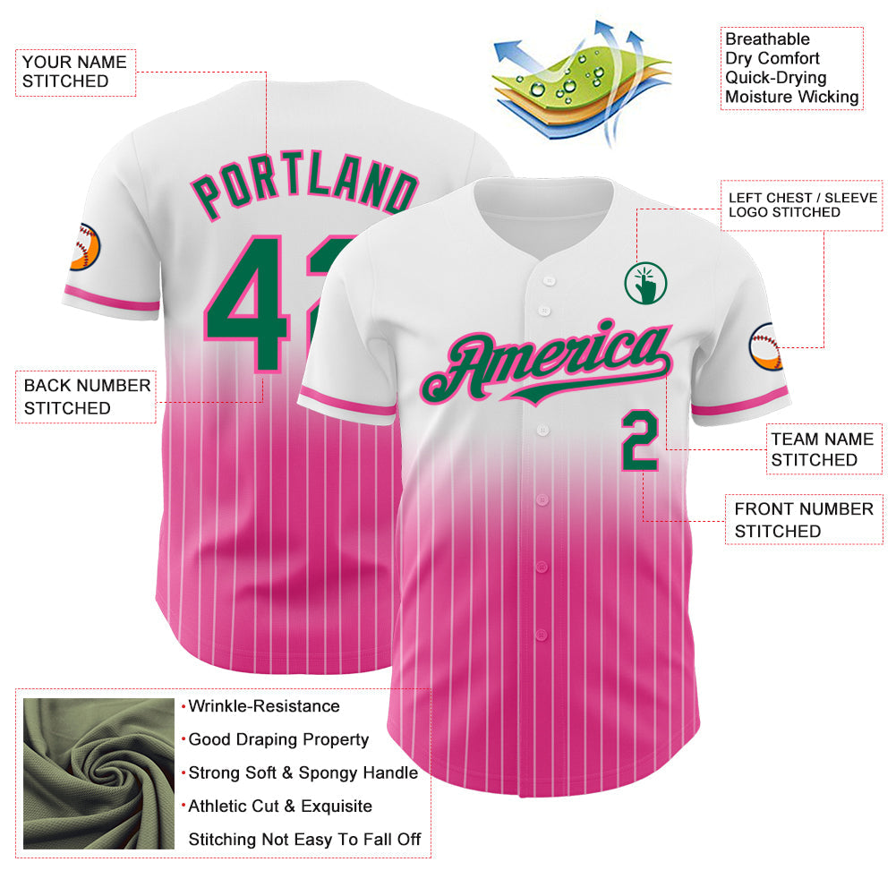 Custom White Pinstripe Kelly Green-Pink Authentic Fade Fashion Baseball Jersey view 4