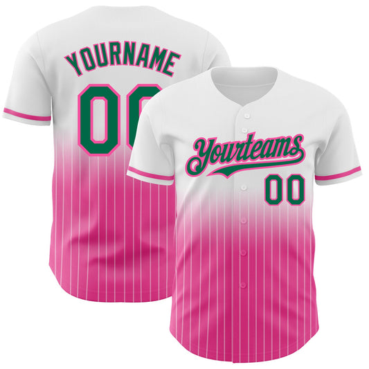 Custom White Pinstripe Kelly Green-Pink Authentic Fade Fashion Baseball Jersey - Main View