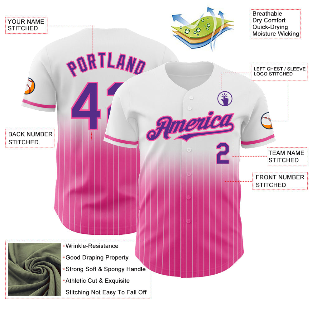 Custom White Pinstripe Purple-Pink Authentic Fade Fashion Baseball Jersey view 4