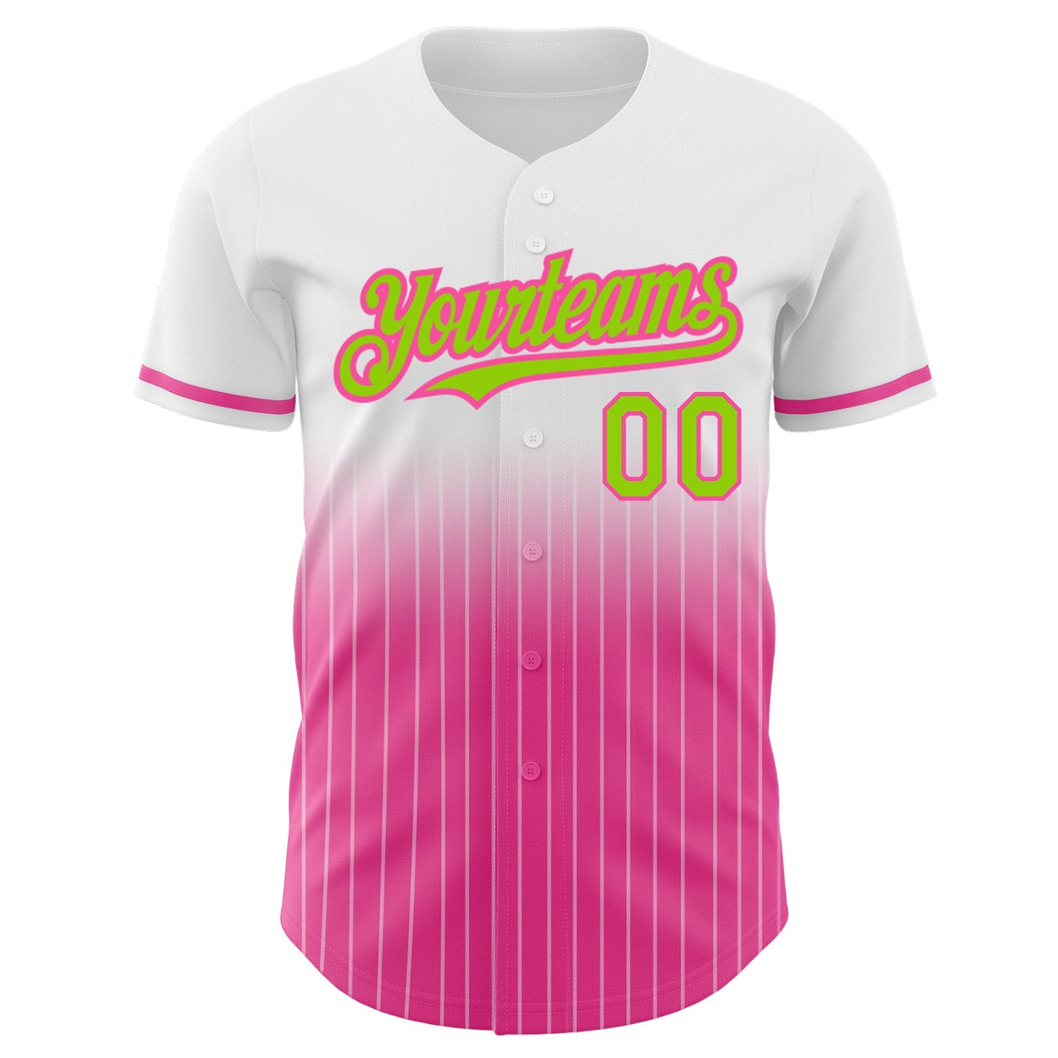 Custom White Pinstripe Neon Green-Pink Authentic Fade Fashion Baseball Jersey view 3