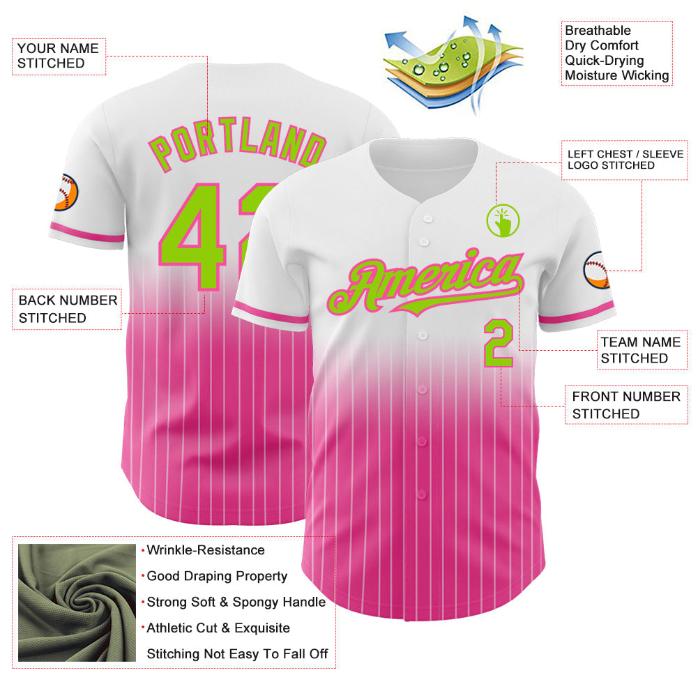 Custom White Pinstripe Neon Green-Pink Authentic Fade Fashion Baseball Jersey view 4