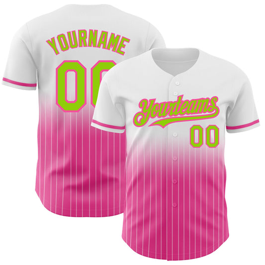 Custom White Pinstripe Neon Green-Pink Authentic Fade Fashion Baseball Jersey - Main View