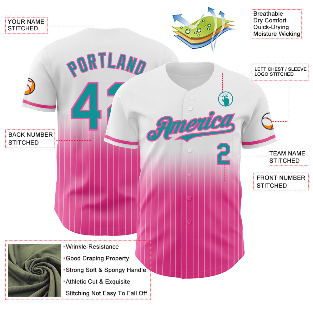 Custom White Pinstripe Teal-Pink Authentic Fade Fashion Baseball Jersey view 4