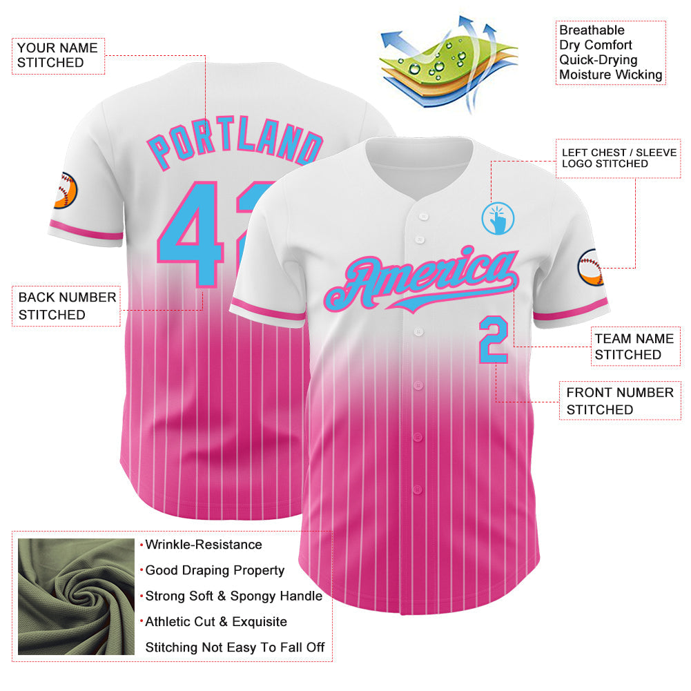 Custom White Pinstripe Sky Blue-Pink Authentic Fade Fashion Baseball Jersey view 4
