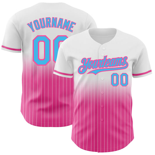 Custom White Pinstripe Sky Blue-Pink Authentic Fade Fashion Baseball Jersey - Main View