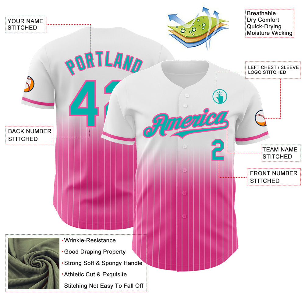 Custom White Pinstripe Aqua-Pink Authentic Fade Fashion Baseball Jersey view 4