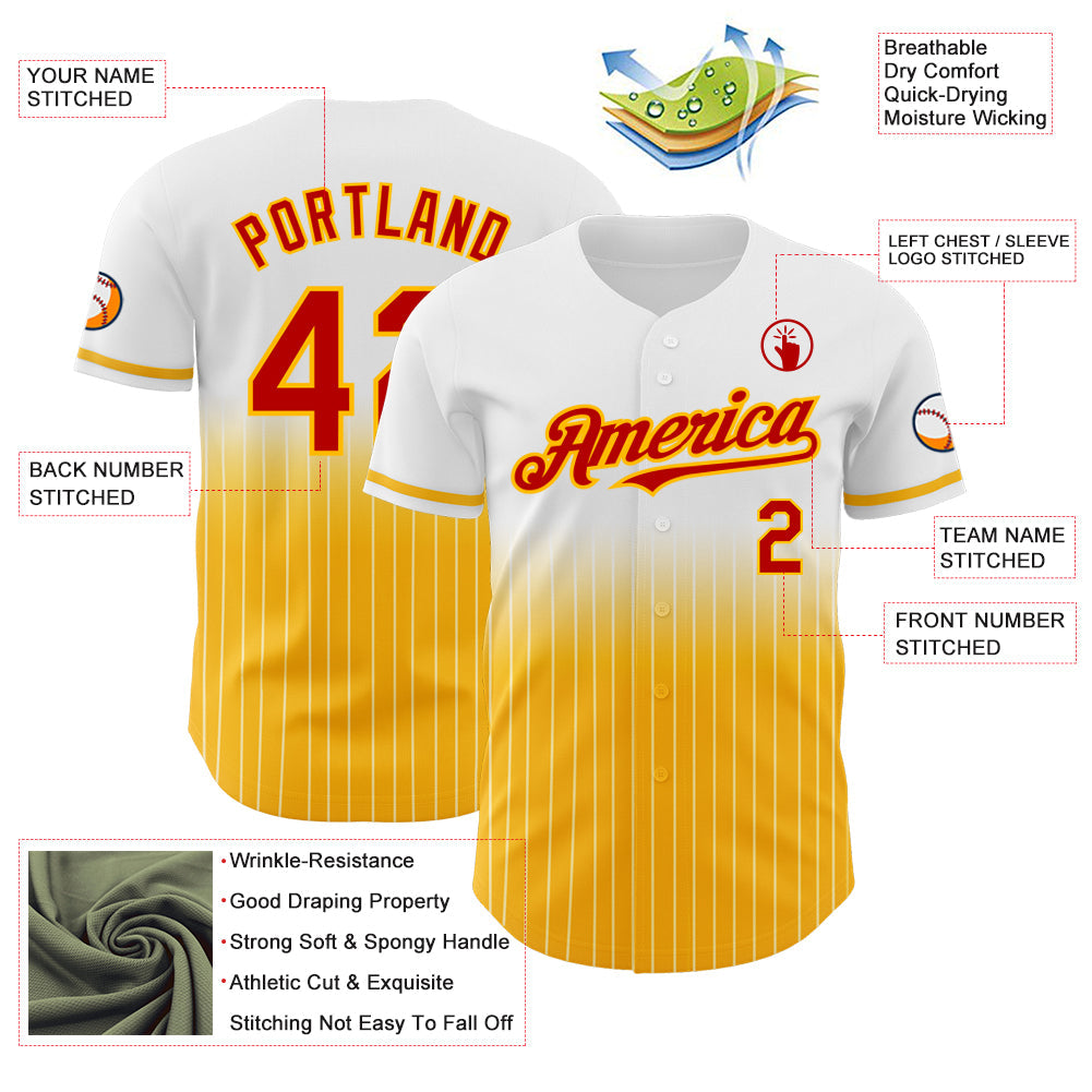 Custom White Pinstripe Red-Gold Authentic Fade Fashion Baseball Jersey view 4