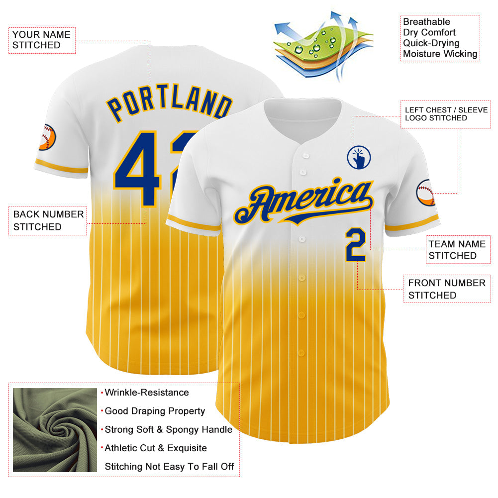 Custom White Pinstripe Royal-Gold Authentic Fade Fashion Baseball Jersey view 4