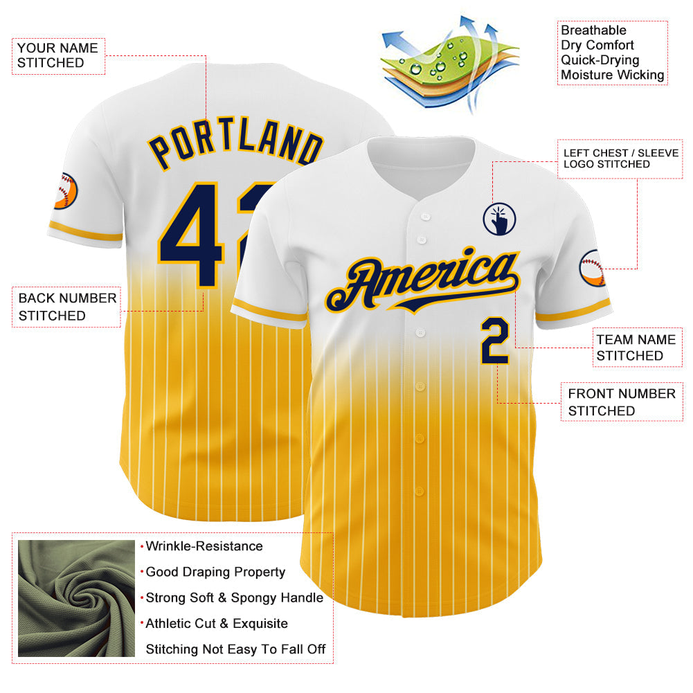 Custom White Pinstripe Navy-Gold Authentic Fade Fashion Baseball Jersey view 4