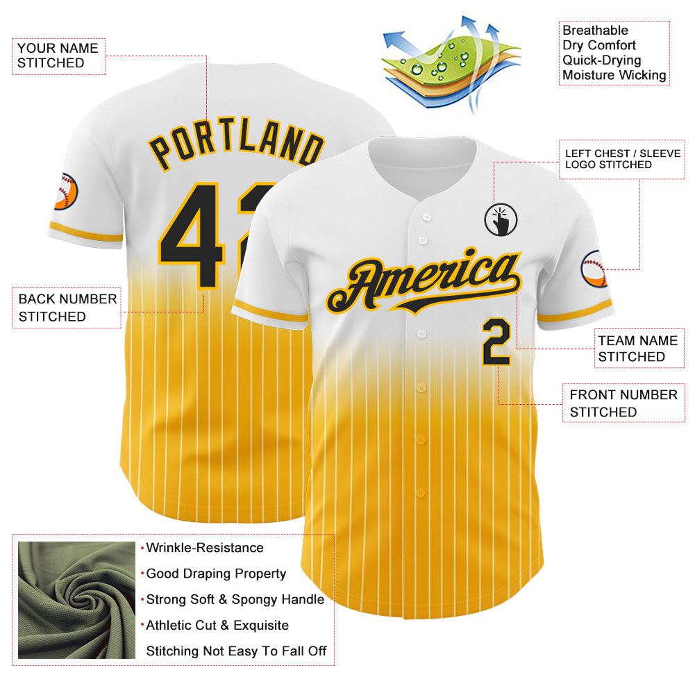 Custom White Pinstripe Black-Gold Authentic Fade Fashion Baseball Jersey view 4