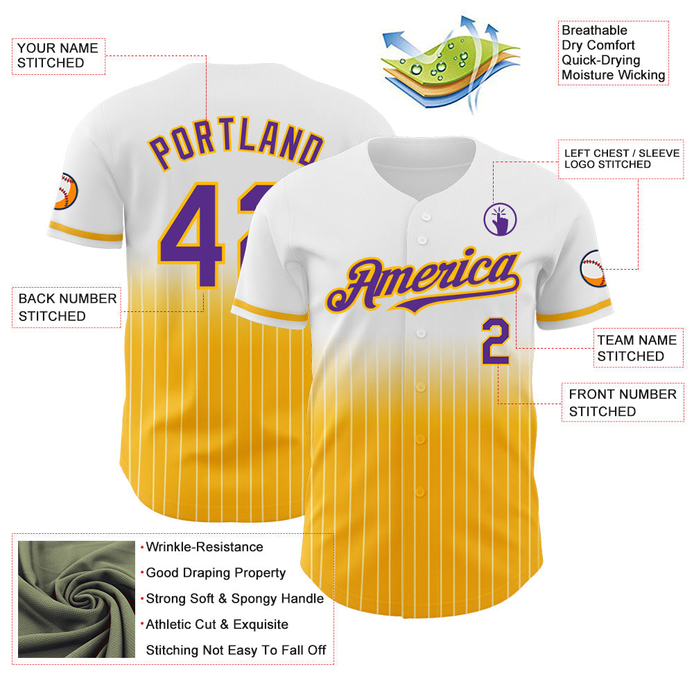 Custom White Pinstripe Purple-Gold Authentic Fade Fashion Baseball Jersey view 4