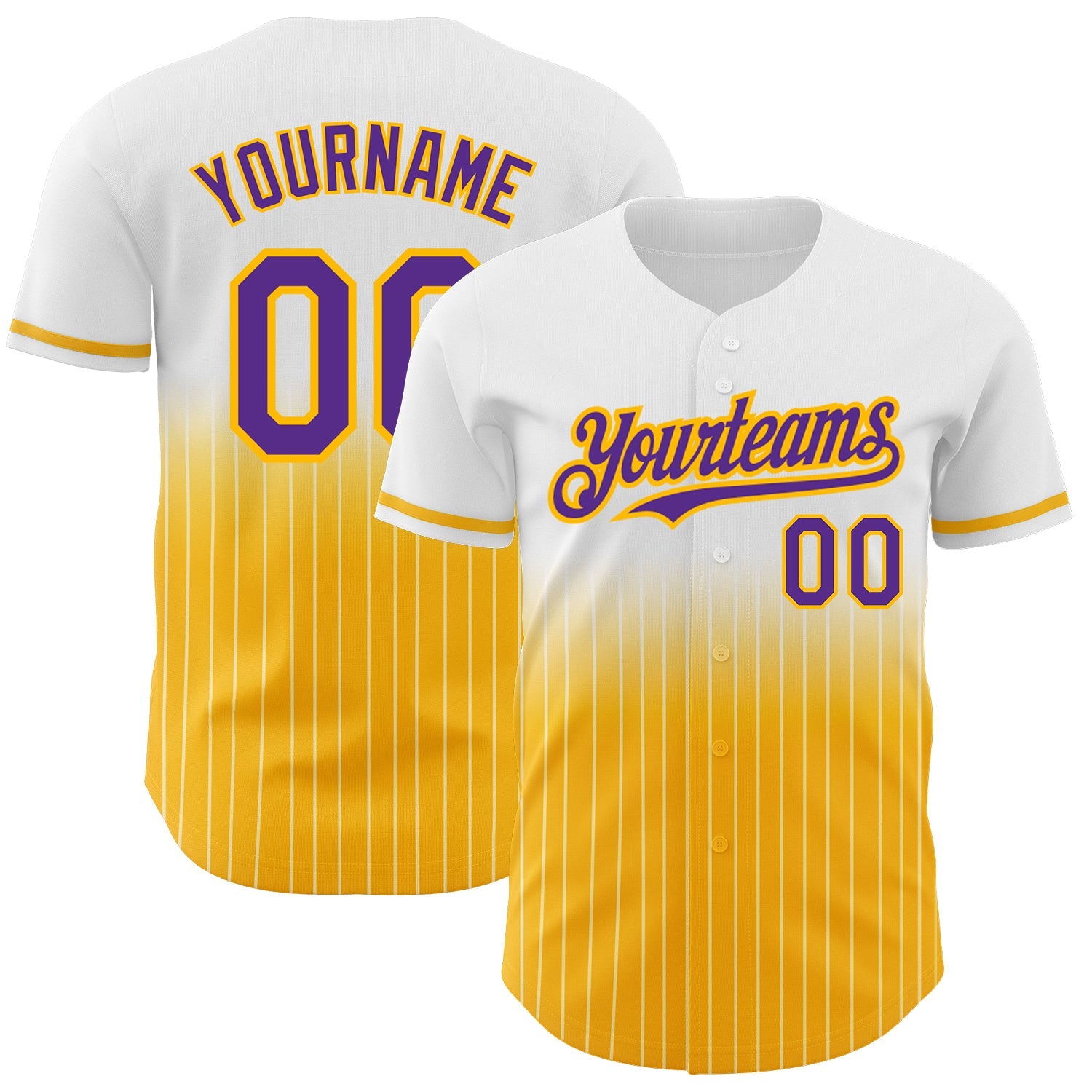 Custom White Pinstripe Purple-Gold Authentic Fade Fashion Baseball Jersey - Main View