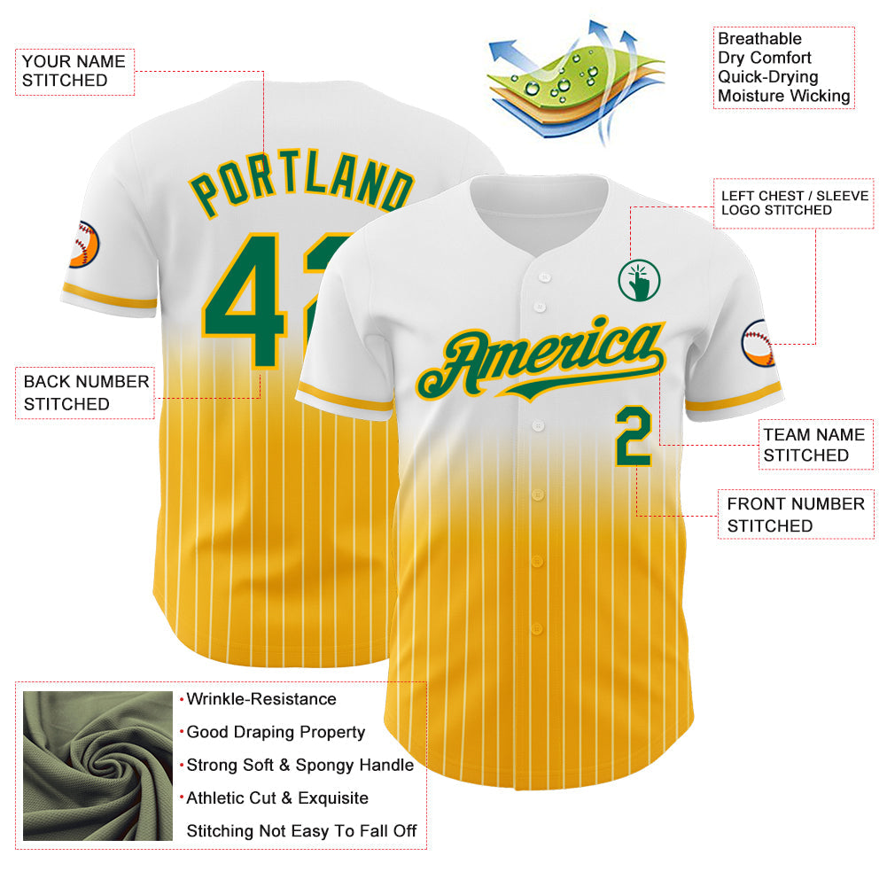 Custom White Pinstripe Kelly Green-Gold Authentic Fade Fashion Baseball Jersey view 4