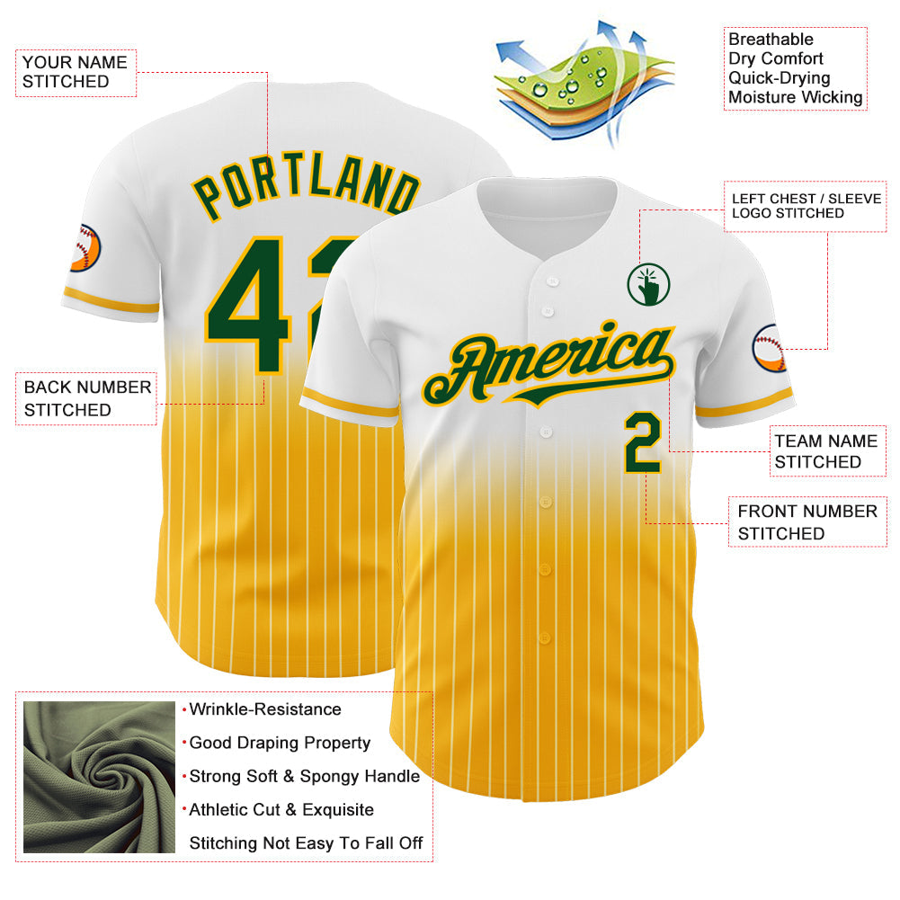 Custom White Pinstripe Green-Gold Authentic Fade Fashion Baseball Jersey view 4
