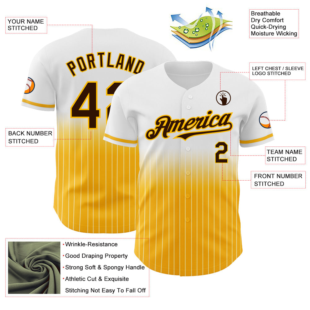 Custom White Pinstripe Brown-Gold Authentic Fade Fashion Baseball Jersey view 4