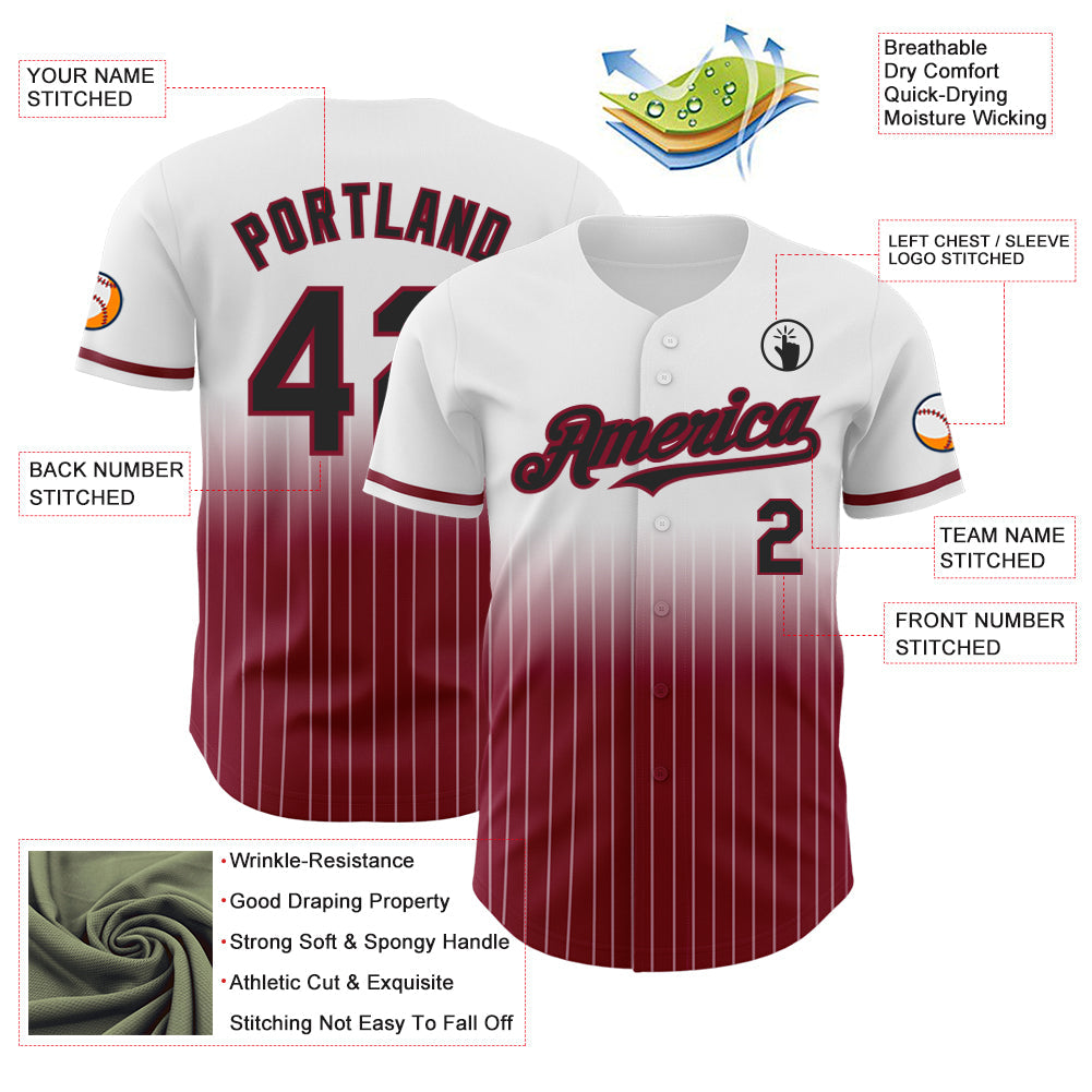 Custom White Pinstripe Black-Crimson Authentic Fade Fashion Baseball Jersey view 4