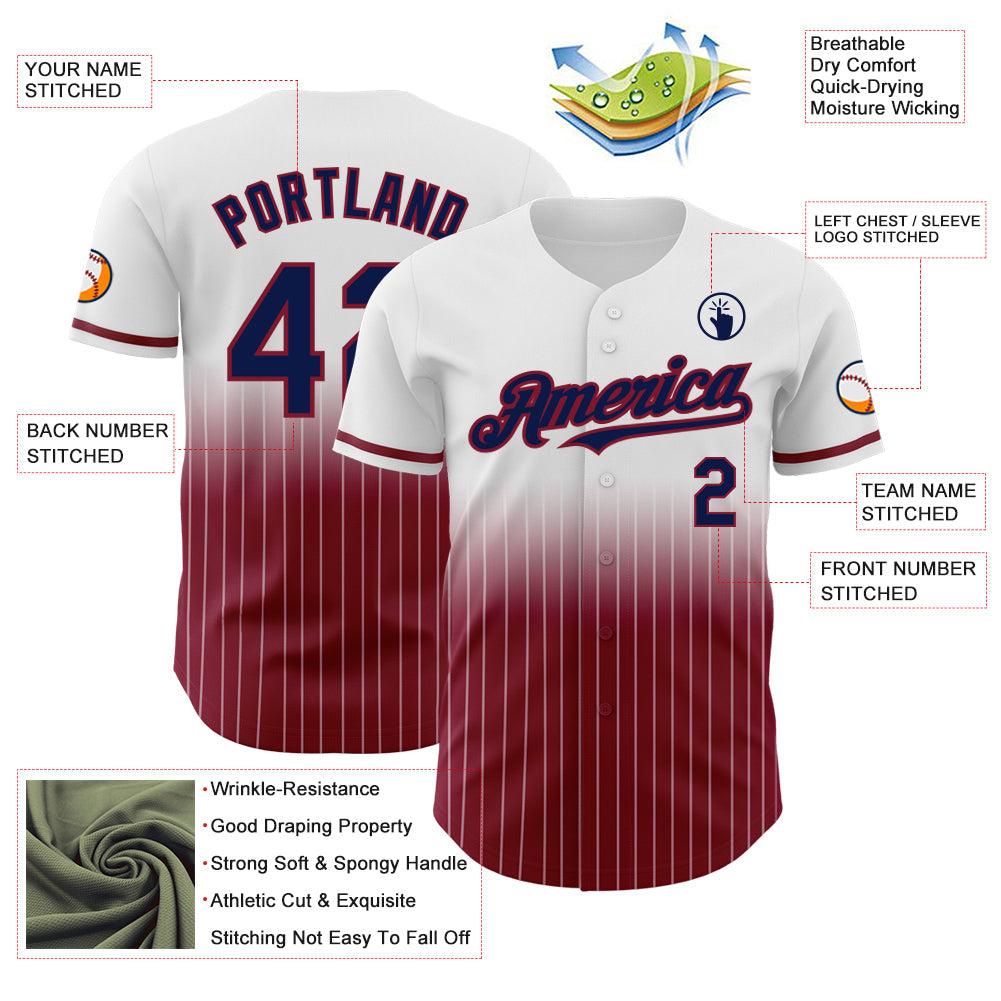 Custom White Pinstripe Navy-Crimson Authentic Fade Fashion Baseball Jersey view 4