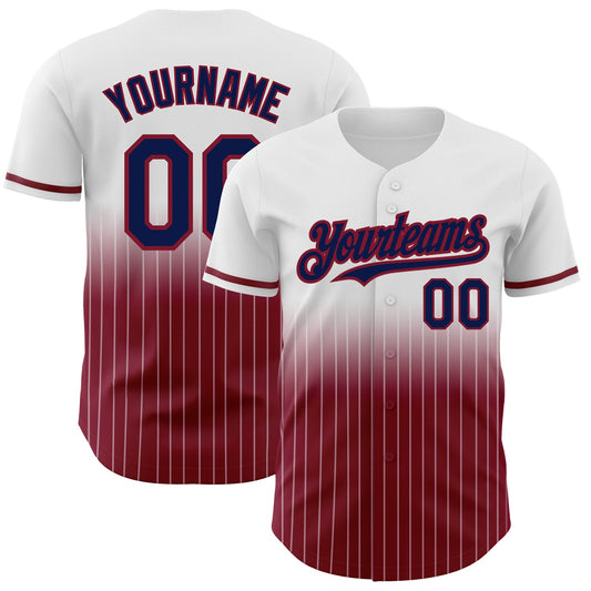 Custom White Pinstripe Navy-Crimson Authentic Fade Fashion Baseball Jersey - Main View