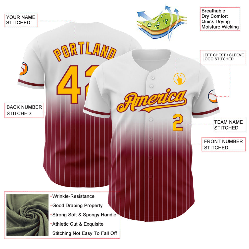 Custom White Pinstripe Gold-Crimson Authentic Fade Fashion Baseball Jersey view 4