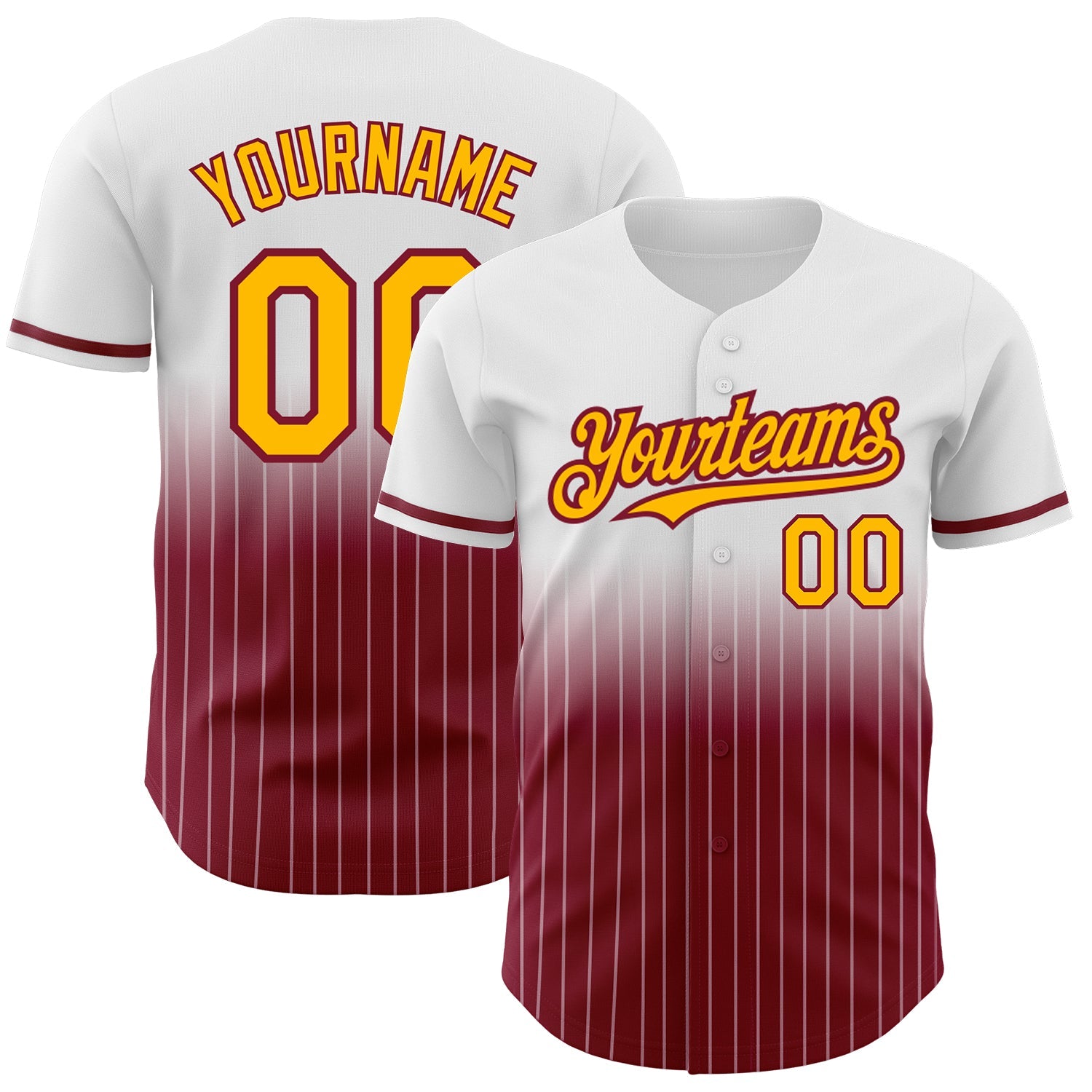 Custom White Pinstripe Gold-Crimson Authentic Fade Fashion Baseball Jersey - Main View