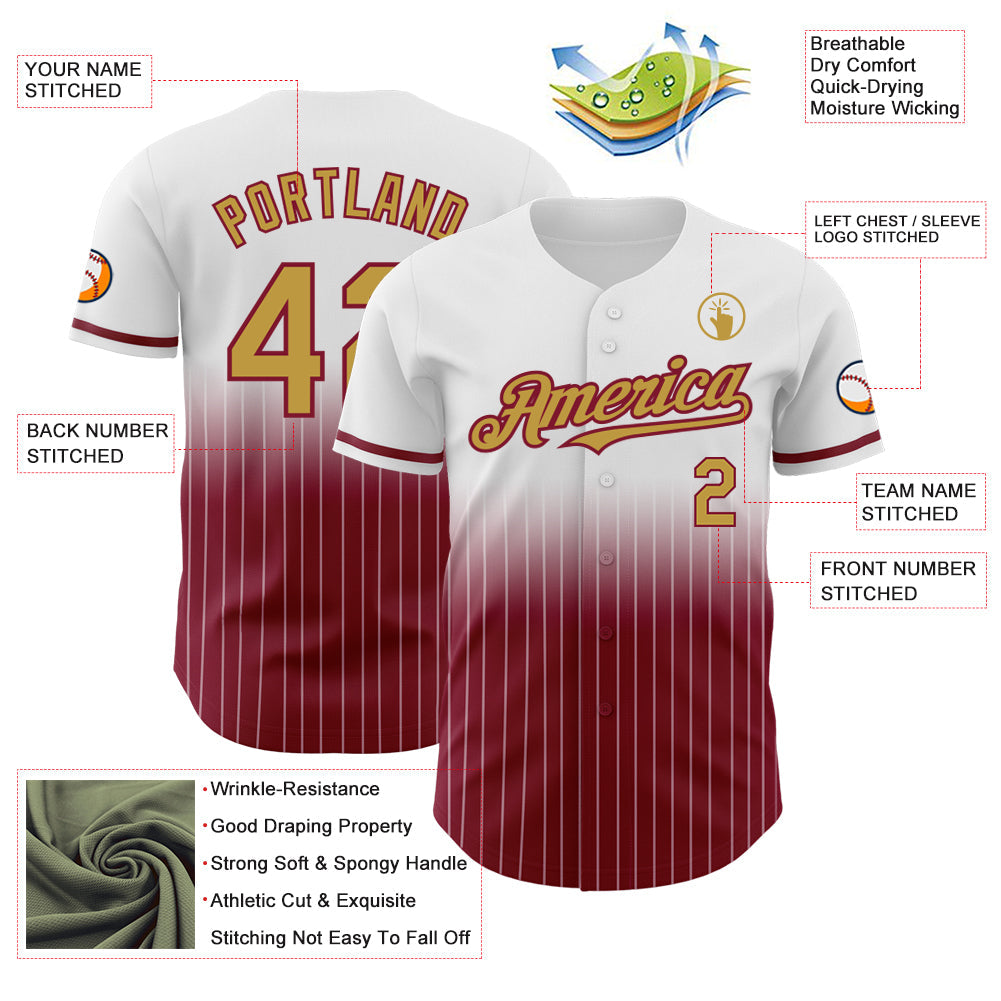 Custom White Pinstripe Old Gold-Crimson Authentic Fade Fashion Baseball Jersey view 4