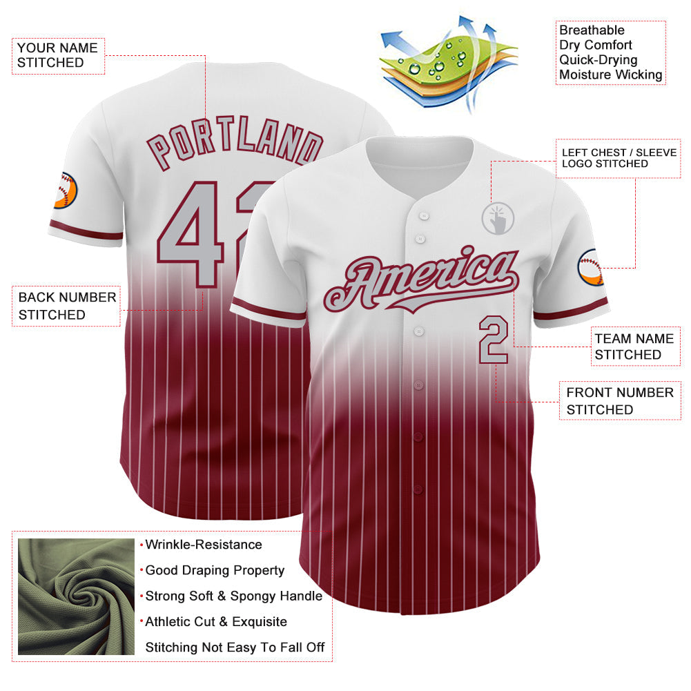 Custom White Pinstripe Gray-Crimson Authentic Fade Fashion Baseball Jersey view 4