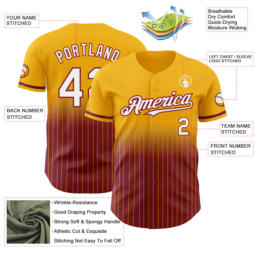 Custom Gold Pinstripe White-Crimson Authentic Fade Fashion Baseball Jersey view 4
