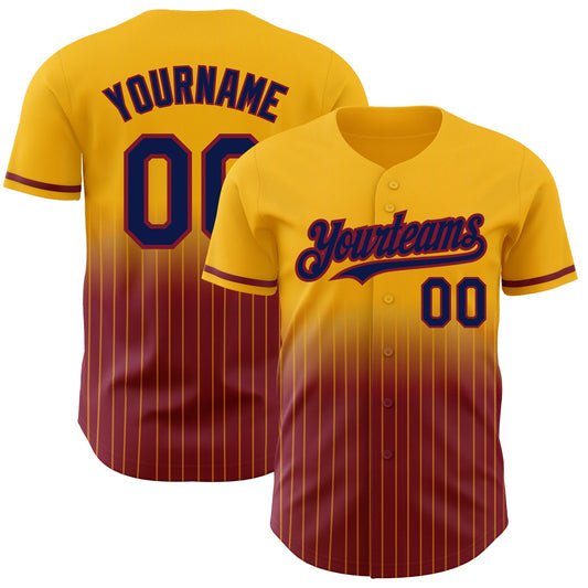Custom Gold Pinstripe Navy-Crimson Authentic Fade Fashion Baseball Jersey - Main View