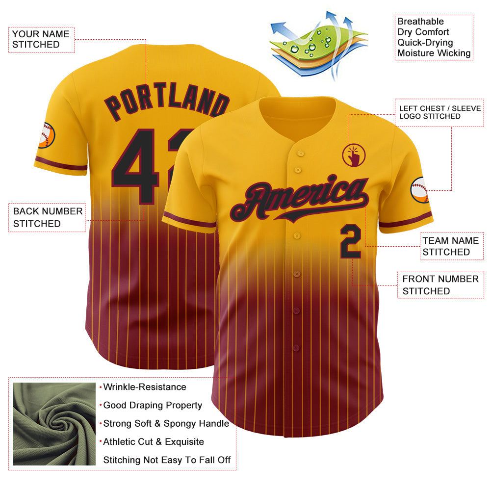 Custom Gold Pinstripe Black-Crimson Authentic Fade Fashion Baseball Jersey view 4