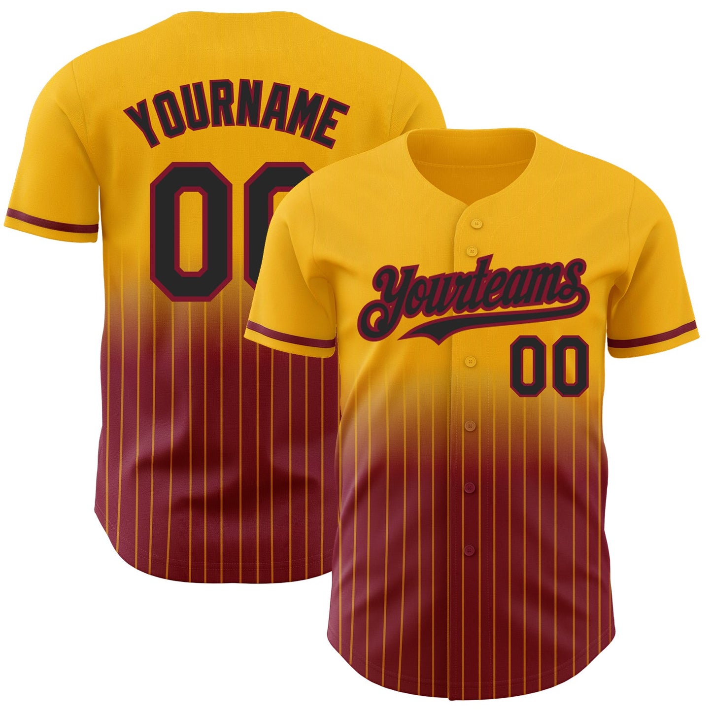 Custom Gold Pinstripe Black-Crimson Authentic Fade Fashion Baseball Jersey - Main View