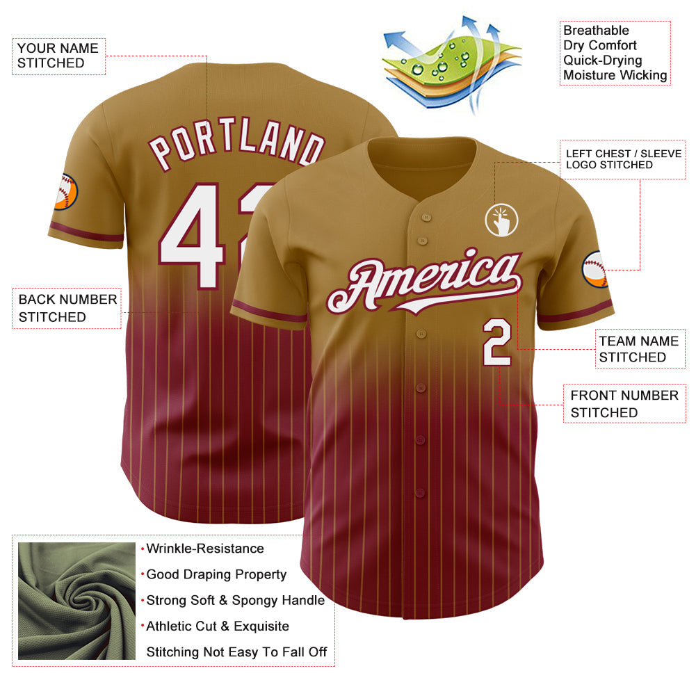 Custom Old Gold Pinstripe White-Crimson Authentic Fade Fashion Baseball Jersey view 4
