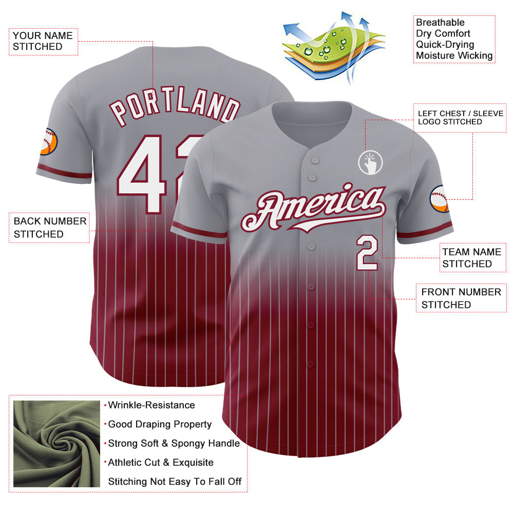Custom Gray Pinstripe White-Crimson Authentic Fade Fashion Baseball Jersey view 4