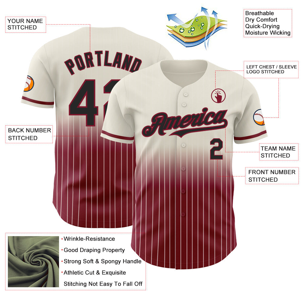 Custom Cream Pinstripe Black-Crimson Authentic Fade Fashion Baseball Jersey view 4