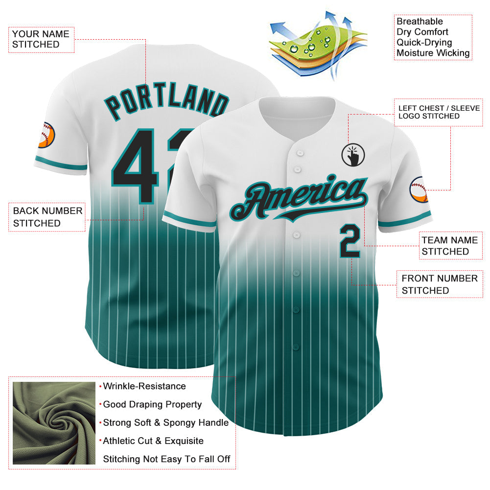 Custom White Pinstripe Black-Teal Authentic Fade Fashion Baseball Jersey view 4