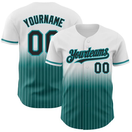 Custom White Pinstripe Black-Teal Authentic Fade Fashion Baseball Jersey - Main View