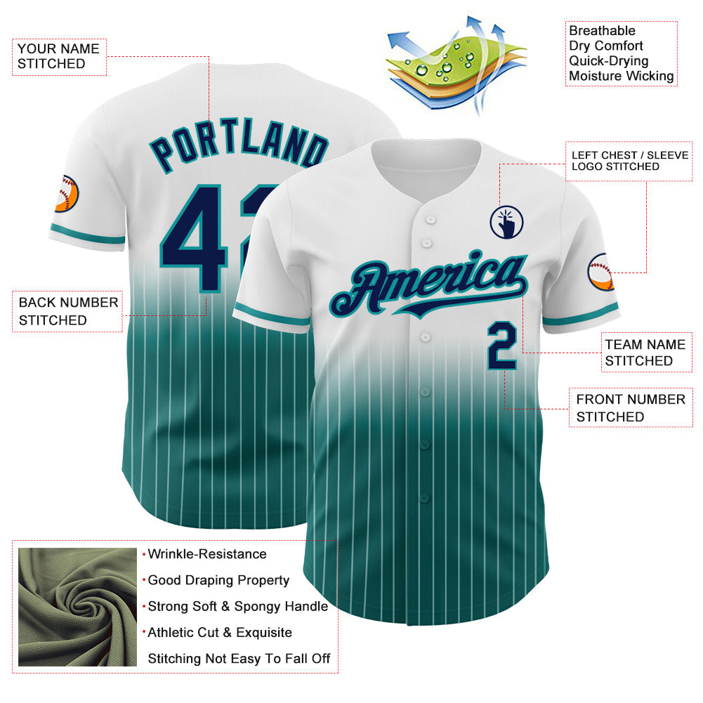 Custom White Pinstripe Navy-Teal Authentic Fade Fashion Baseball Jersey view 4