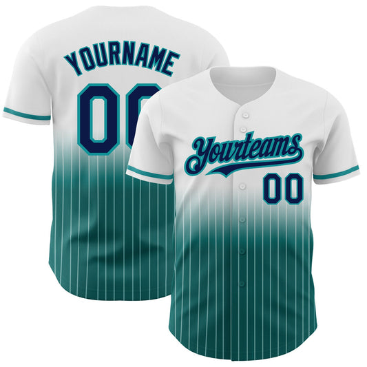 Custom White Pinstripe Navy-Teal Authentic Fade Fashion Baseball Jersey - Main View