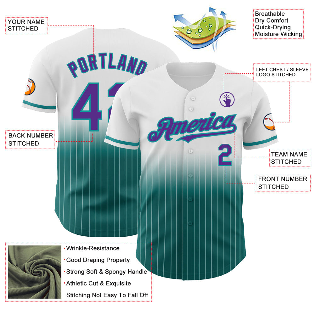 Custom White Pinstripe Purple-Teal Authentic Fade Fashion Baseball Jersey view 4