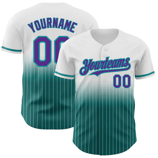 Custom White Pinstripe Purple-Teal Authentic Fade Fashion Baseball Jersey - Main View